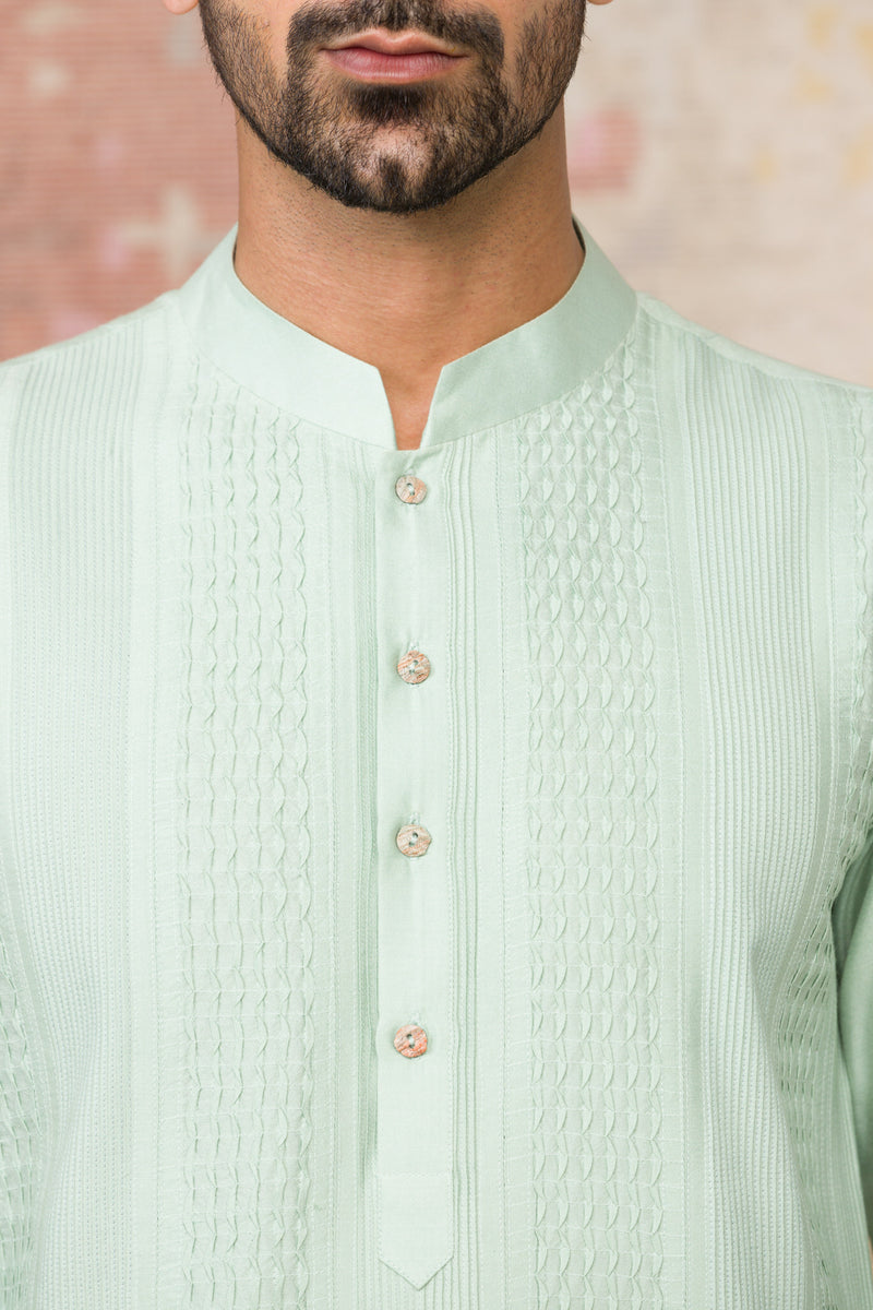 Sea Green Pintuck Kurta In Cotton Silk Blend Set