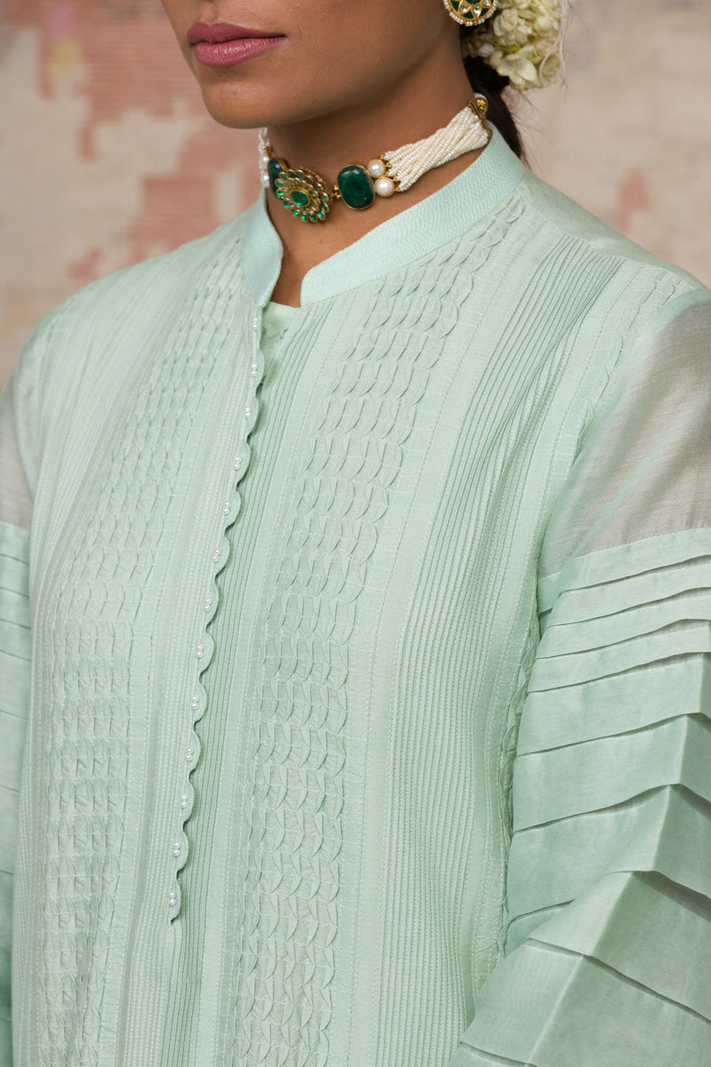 Sea Green Cotton Silk Blend Kurta With Pin Tuck