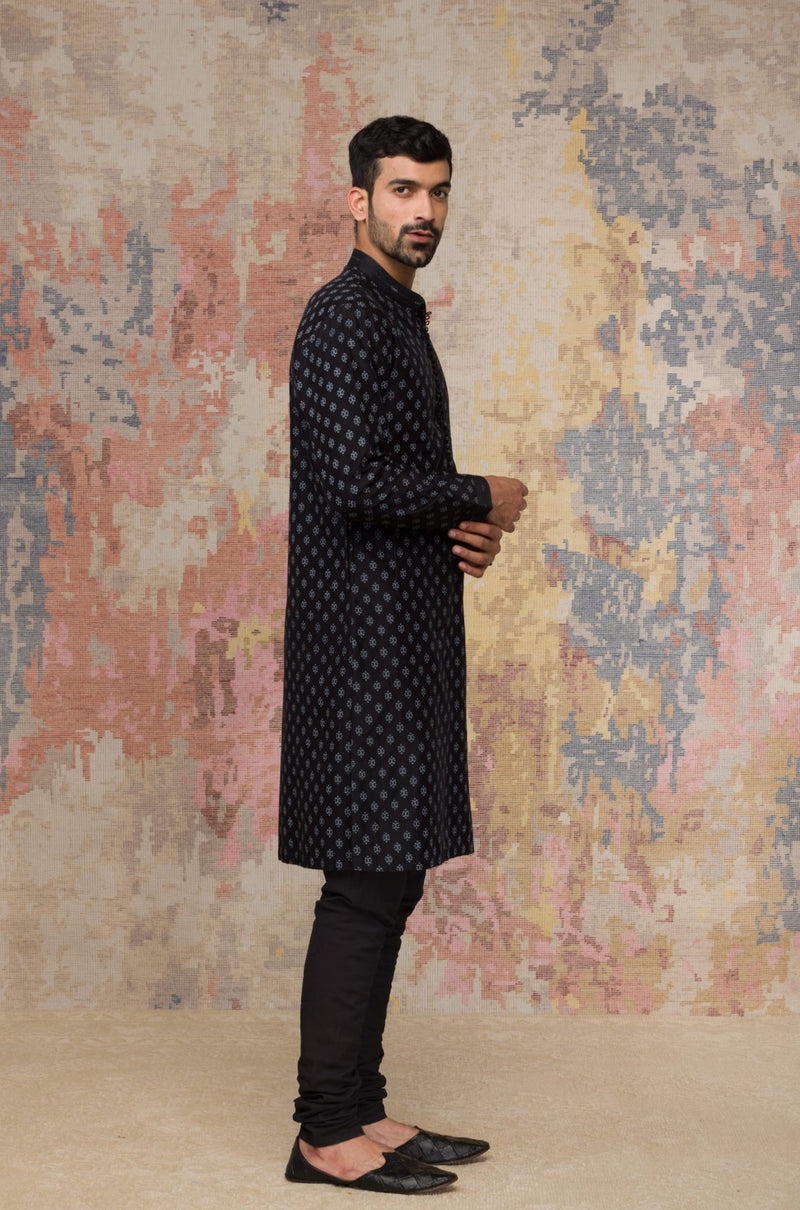 Black Block Printed Chanderi Silk Kurta Bundi Set