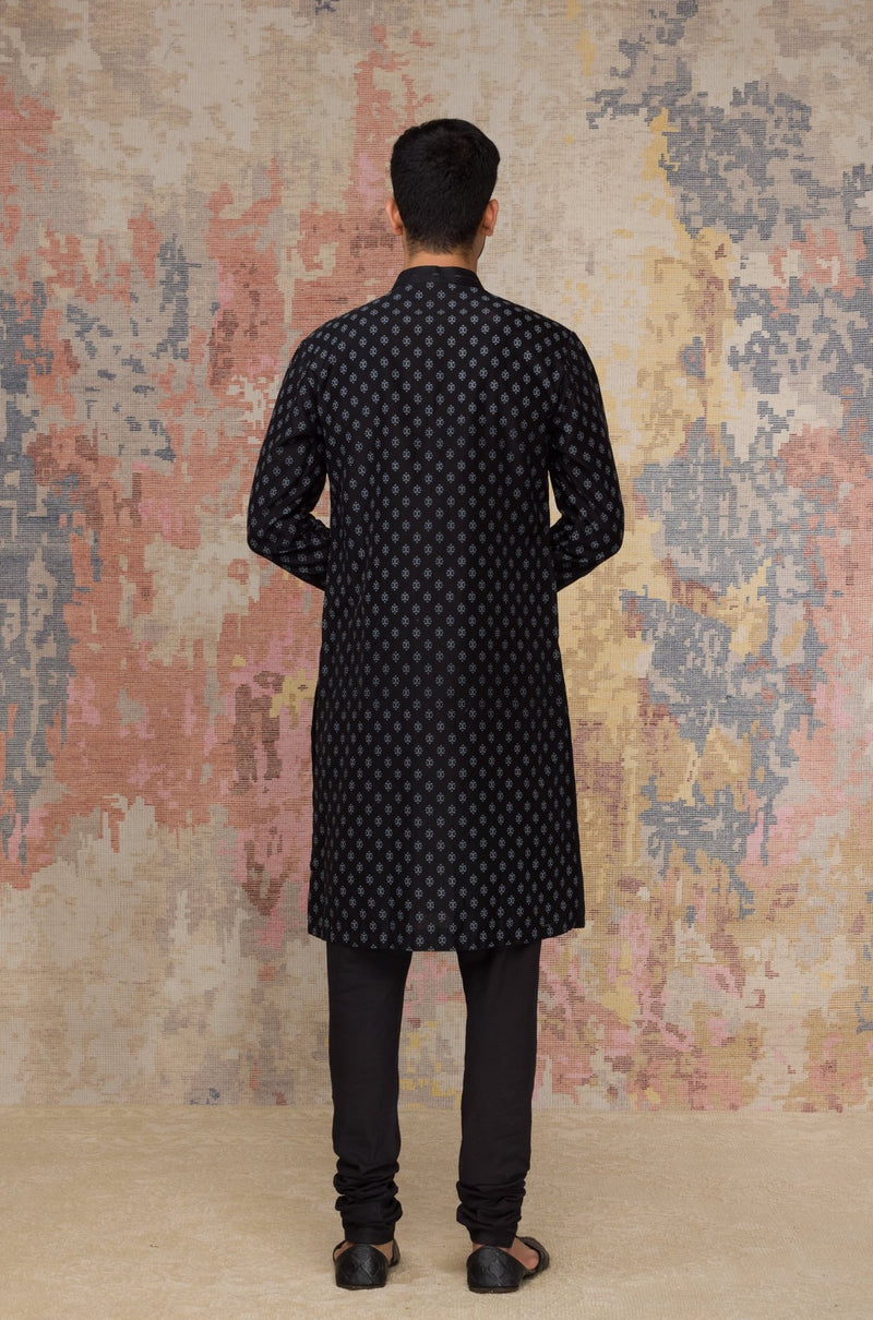 Black Block Printed Chanderi Silk Kurta Bundi Set
