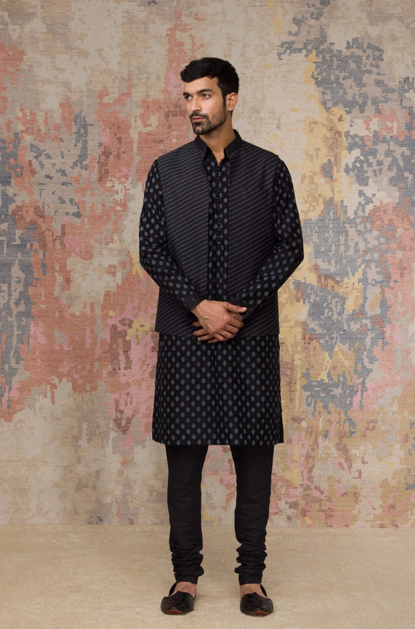 Black Block Printed Chanderi Silk Kurta Bundi Set