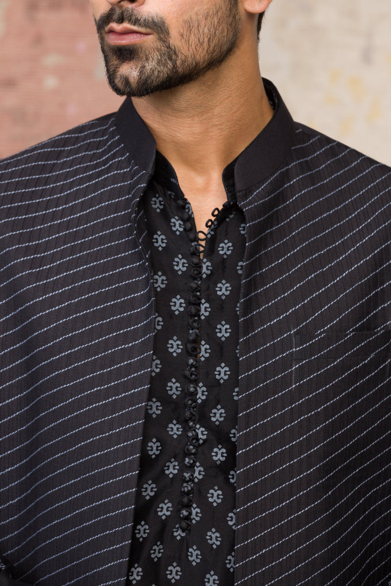 Black Block Printed Chanderi Silk Kurta Bundi Set