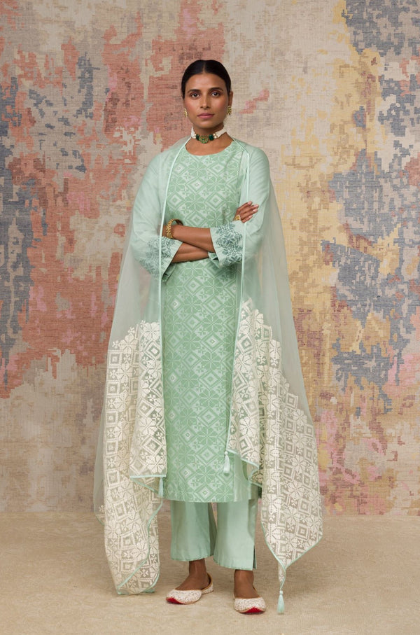 Sea Green Cotton Silk Blend Kurta Set