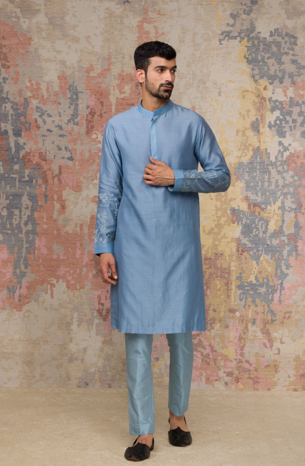 Ash Blue Kurta In Silk Chanderi Set