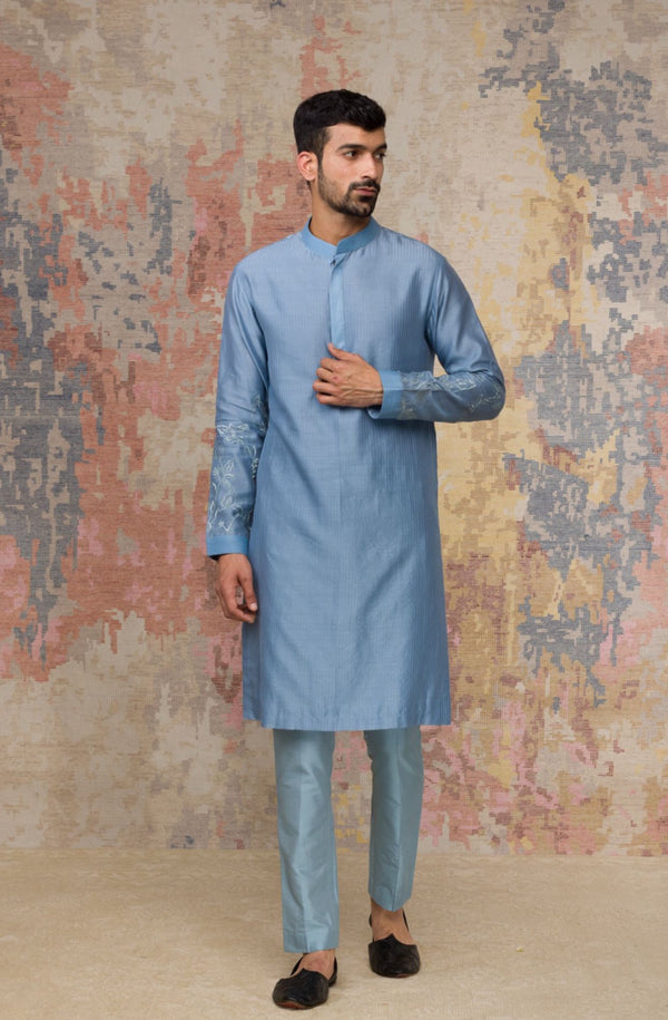 Ash Blue Kurta In Silk Chanderi Set
