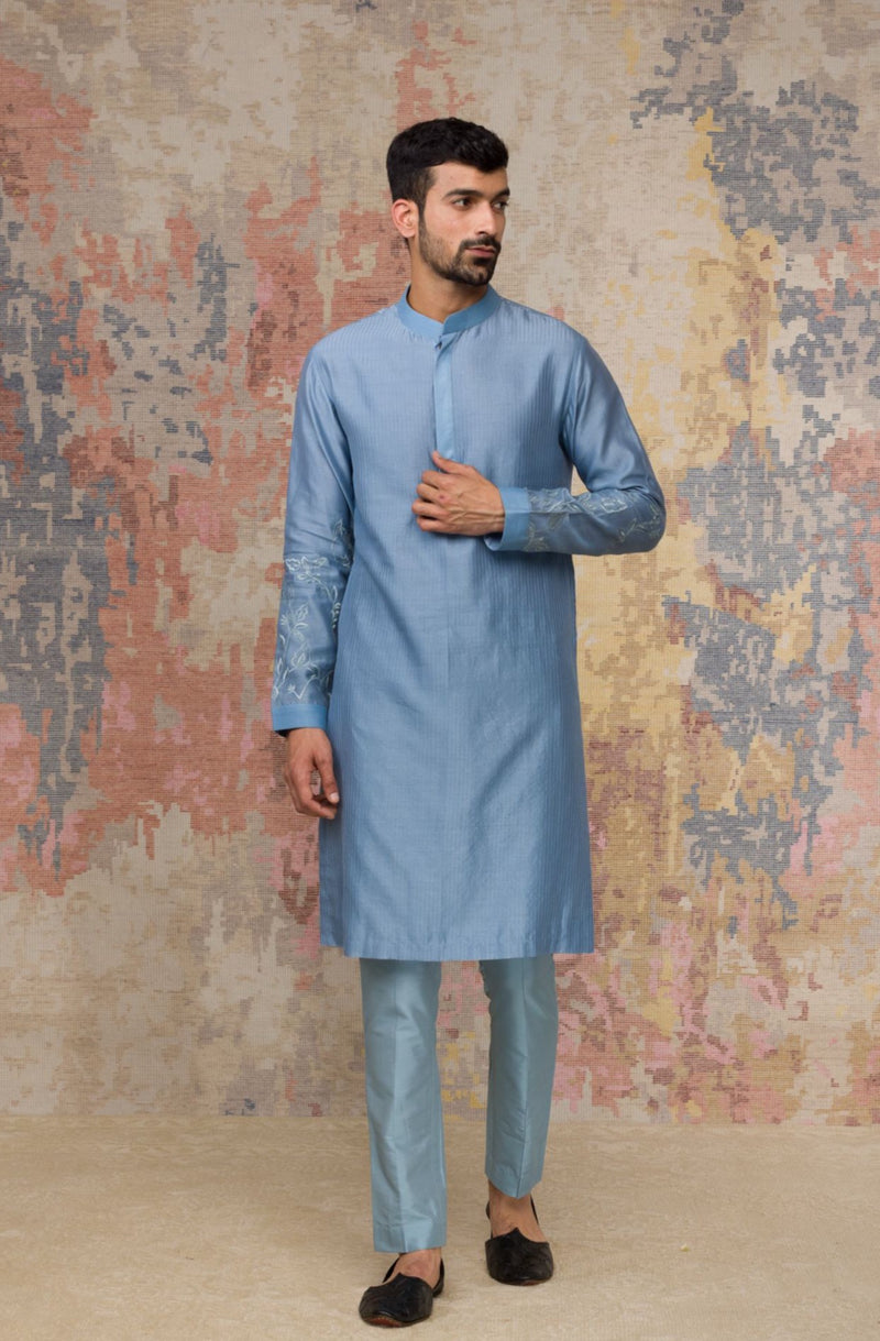 Ash Blue Kurta In Silk Chanderi Set