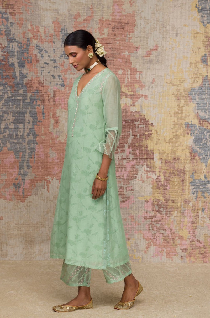 Green Chanderi Hand Block Printed Kurta