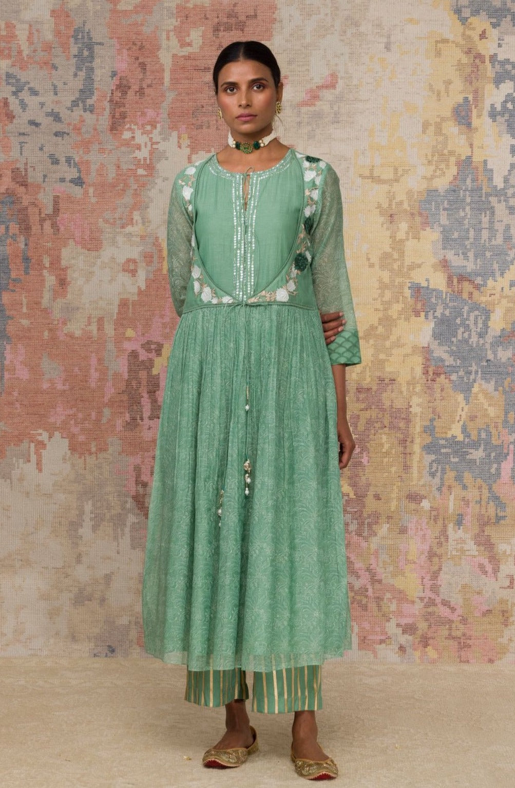 Green Printed Chanderi Anarkali Set