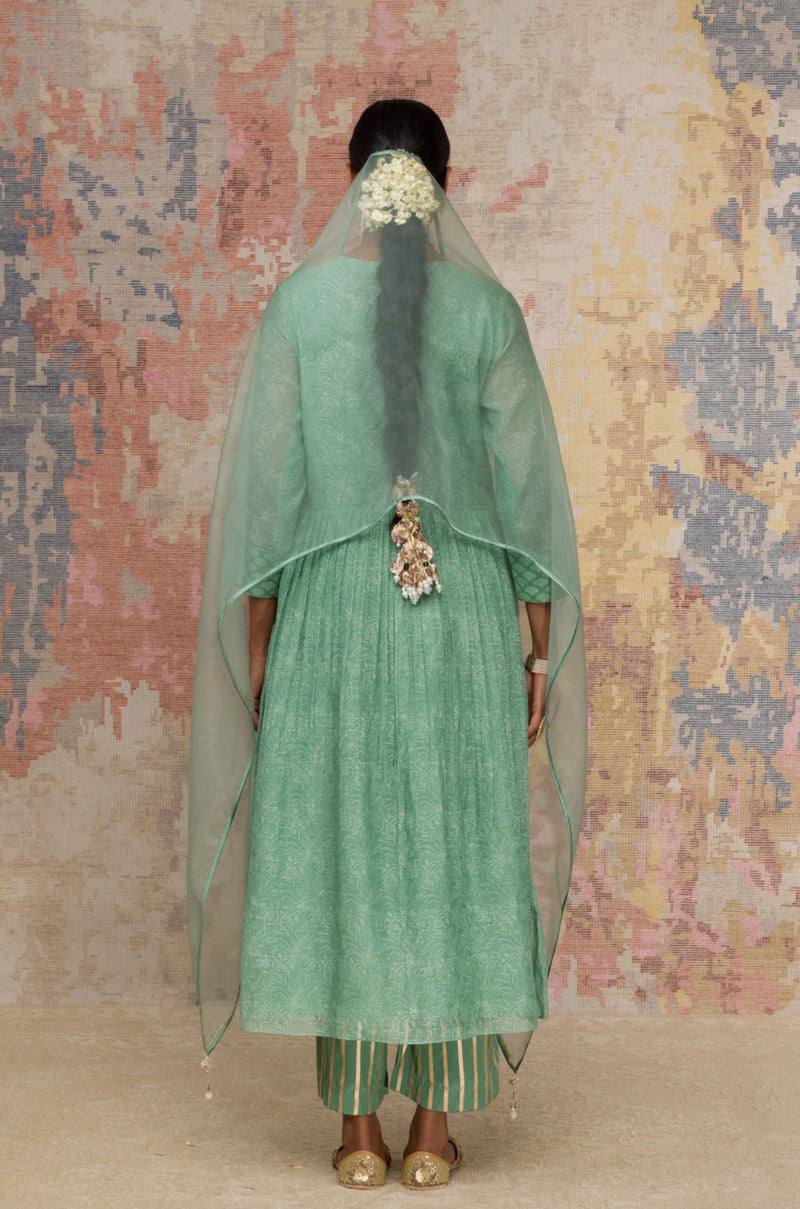 Green Printed Chanderi Anarkali Set
