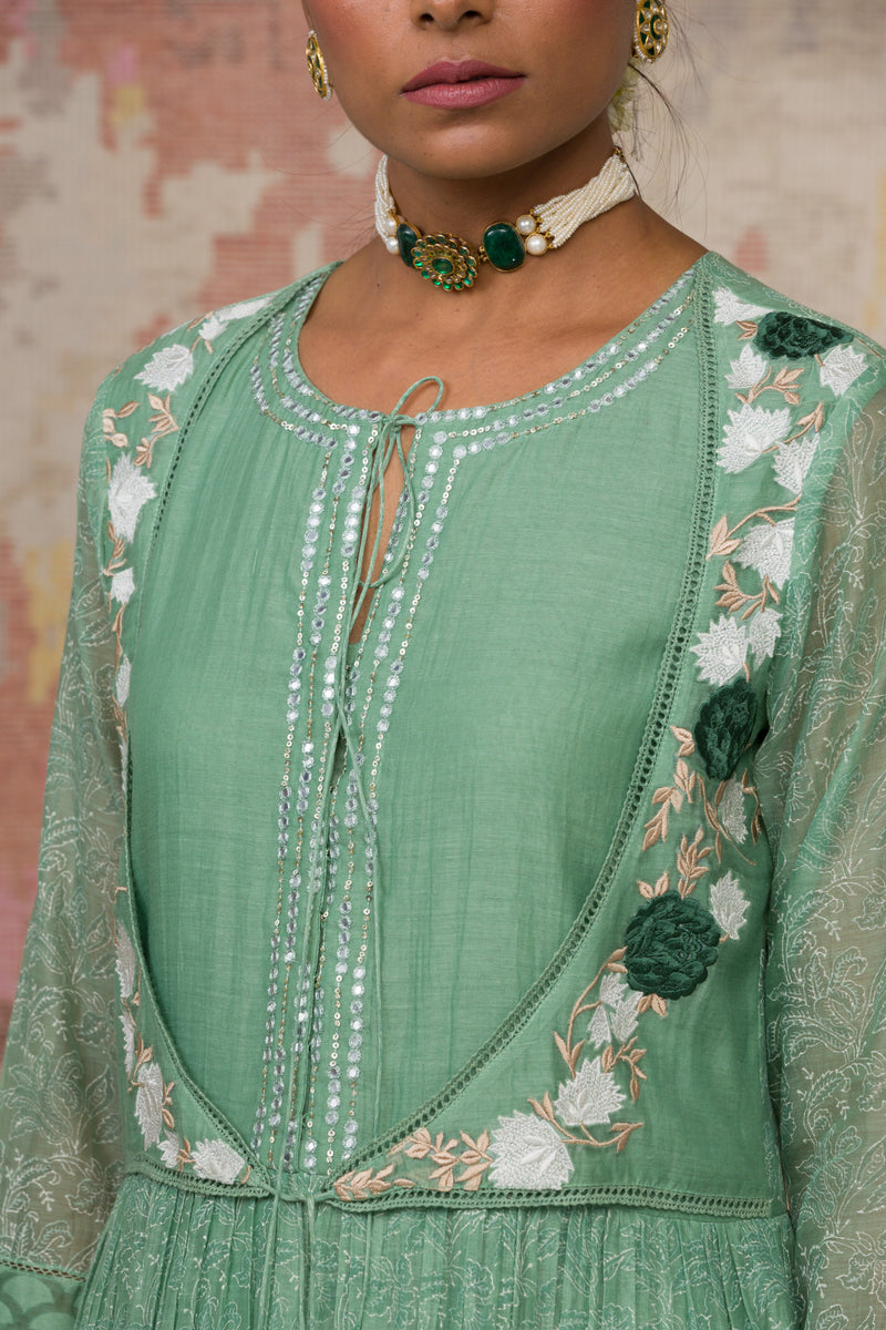 Green Printed Chanderi Anarkali Set