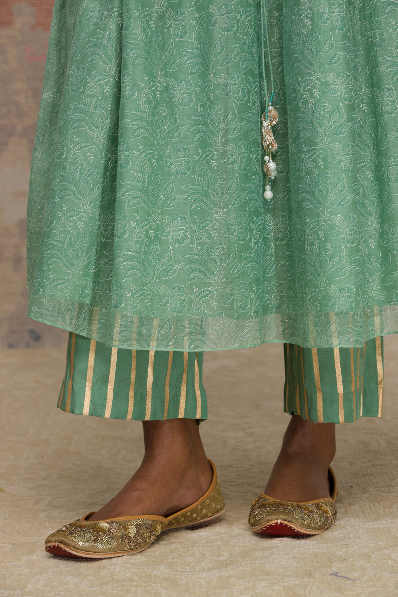 Green Printed Chanderi Anarkali Set