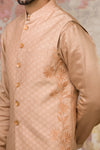 Beige Cotton Silk Satin Kurta Bundi Set