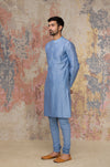 Ash Blue Block Printed Chanderi Silk Kurta Bundi Set