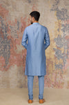 Ash Blue Block Printed Chanderi Silk Kurta Bundi Set