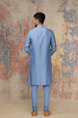 Ash Blue Block Printed Chanderi Silk Kurta Bundi Set