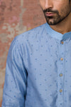 Ash Blue Block Printed Chanderi Silk Kurta Bundi Set