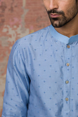 Ash Blue Block Printed Chanderi Silk Kurta Bundi Set