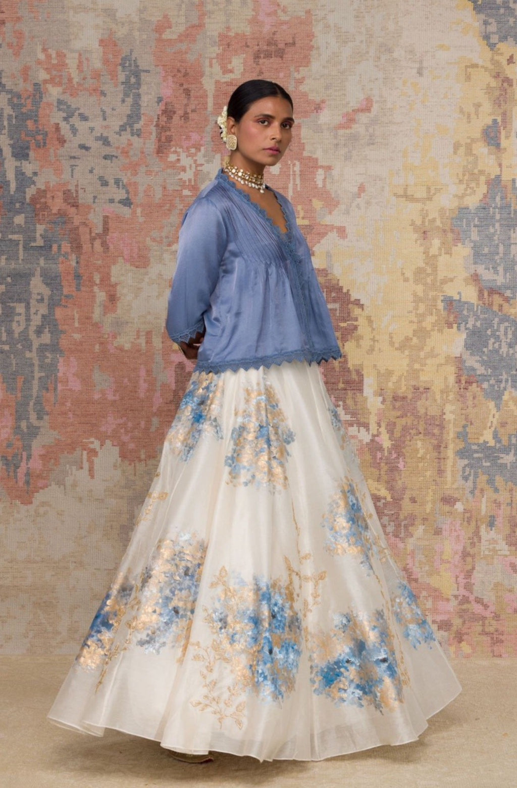 Ivory and Ash Blue Hand-Painted Skirt with Top