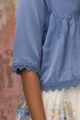 Medha Bahuguna In Ivory Hand Paint Skirt with Ash Blue Top