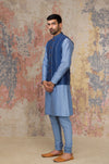 Ash Blue Block Printed Chanderi Silk Kurta Bundi Set