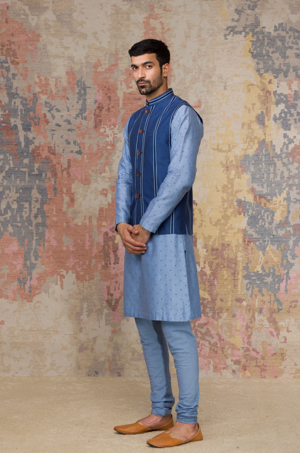 Ash Blue Block Printed Chanderi Silk Kurta Bundi Set