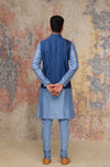 Ash Blue Block Printed Chanderi Silk Kurta Bundi Set