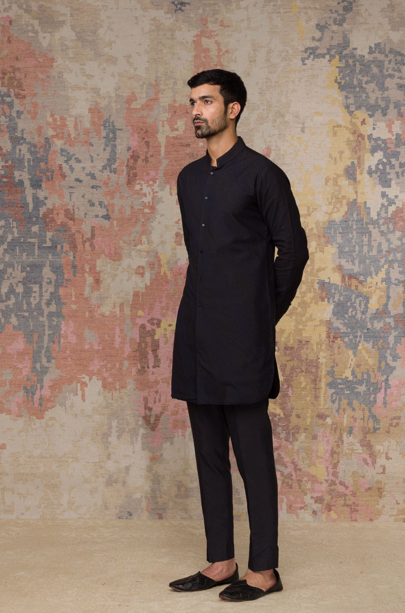 Black Shirt Kurta In Cotton Silk Blend Set