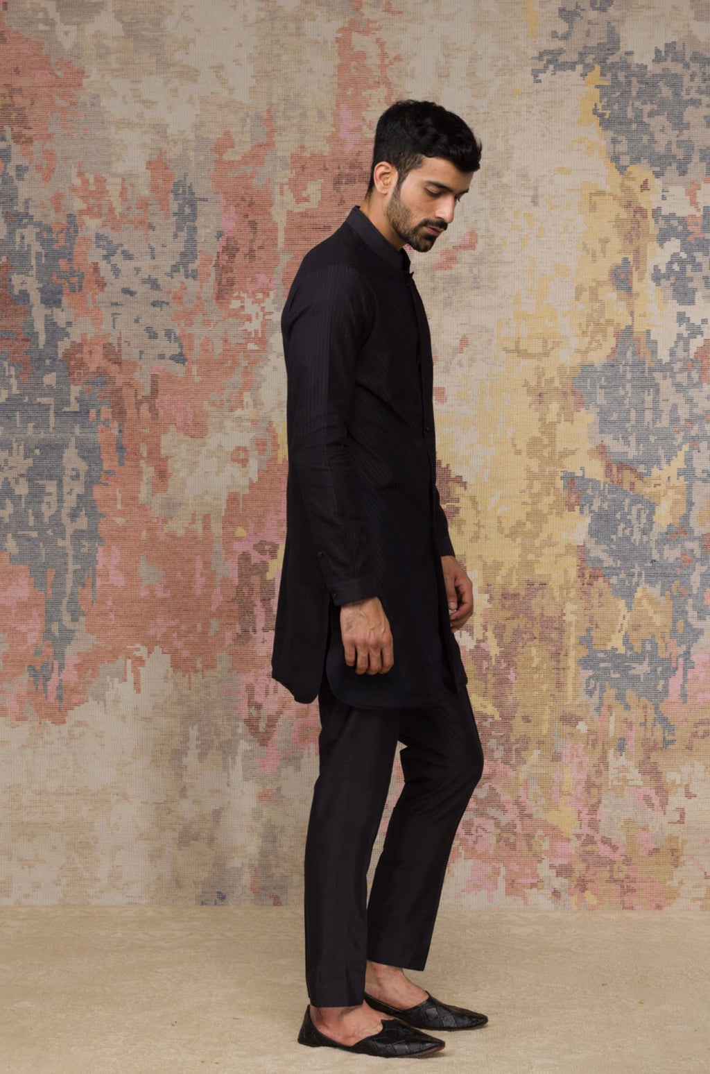 Black Shirt Kurta In Cotton Silk Blend Set