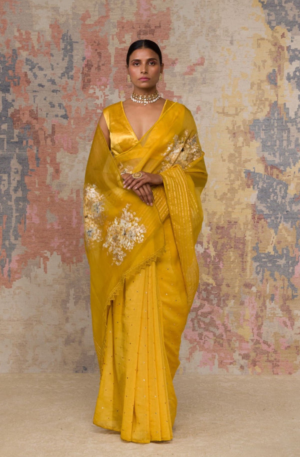 Mustard Hand-Painted Organza Saree