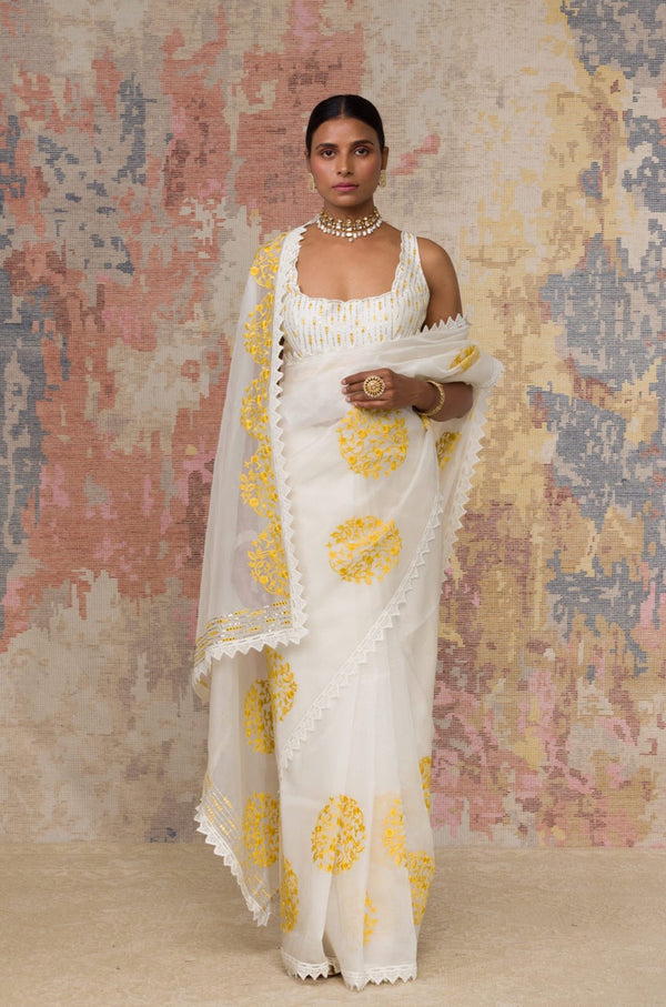 Ivory Yellow Silk Organza Saree