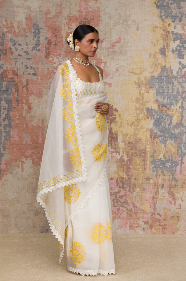 Ivory Yellow Silk Organza Saree