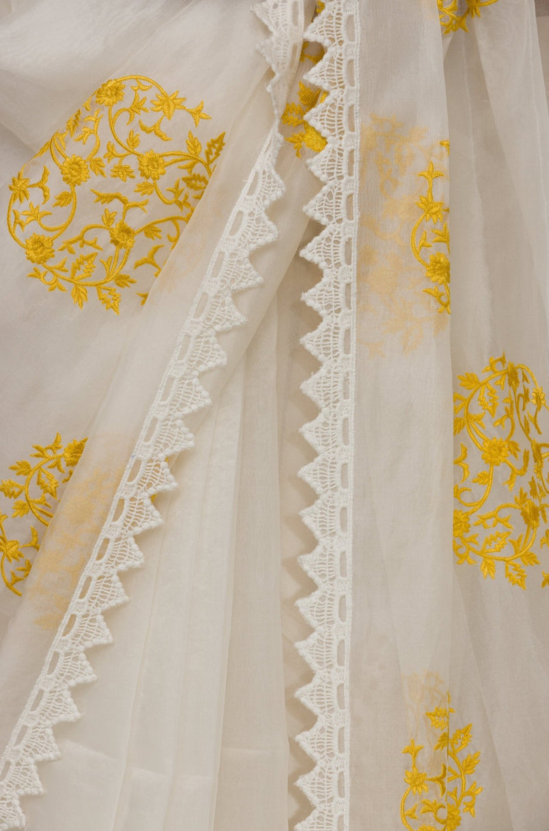 Ivory Yellow Silk Organza Saree