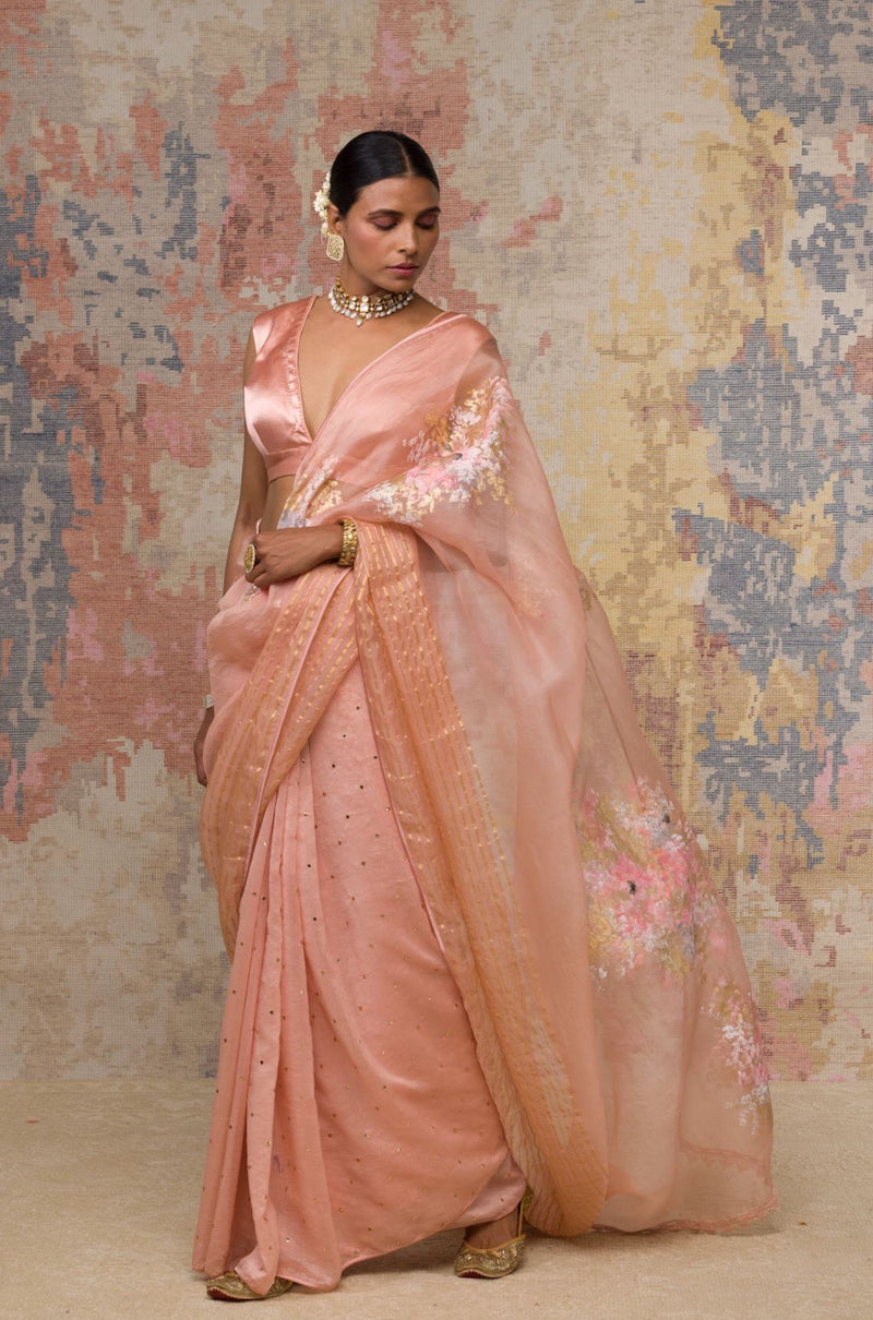 Blush Pink Hand-Painted Organza Saree