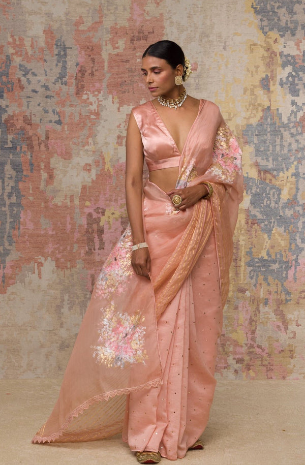 Blush Pink Hand-Painted Organza Saree