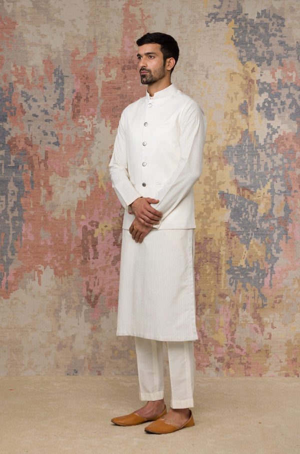 Ivory Block Printed Kurta With Bundi