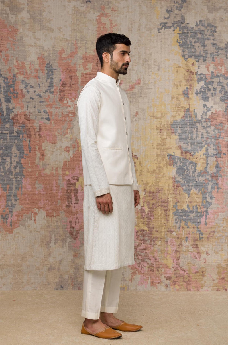 Ivory Block Printed Kurta With Bundi