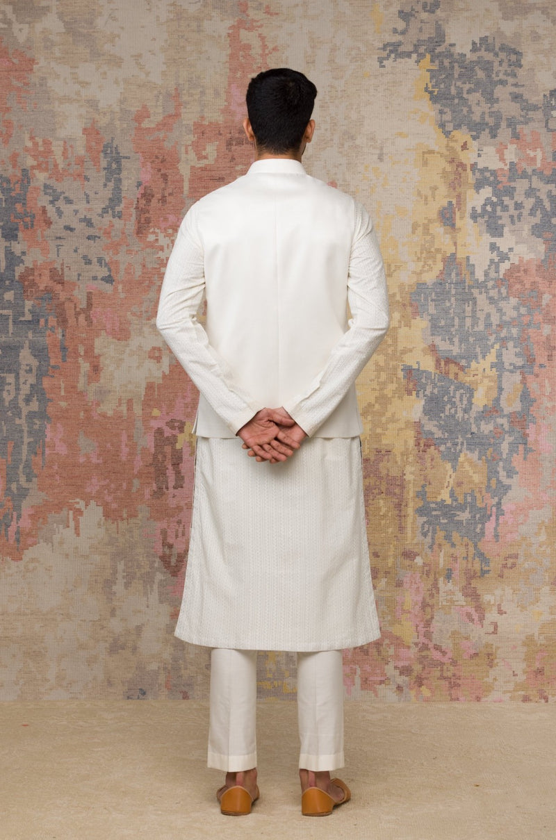 Ivory Block Printed Kurta With Bundi