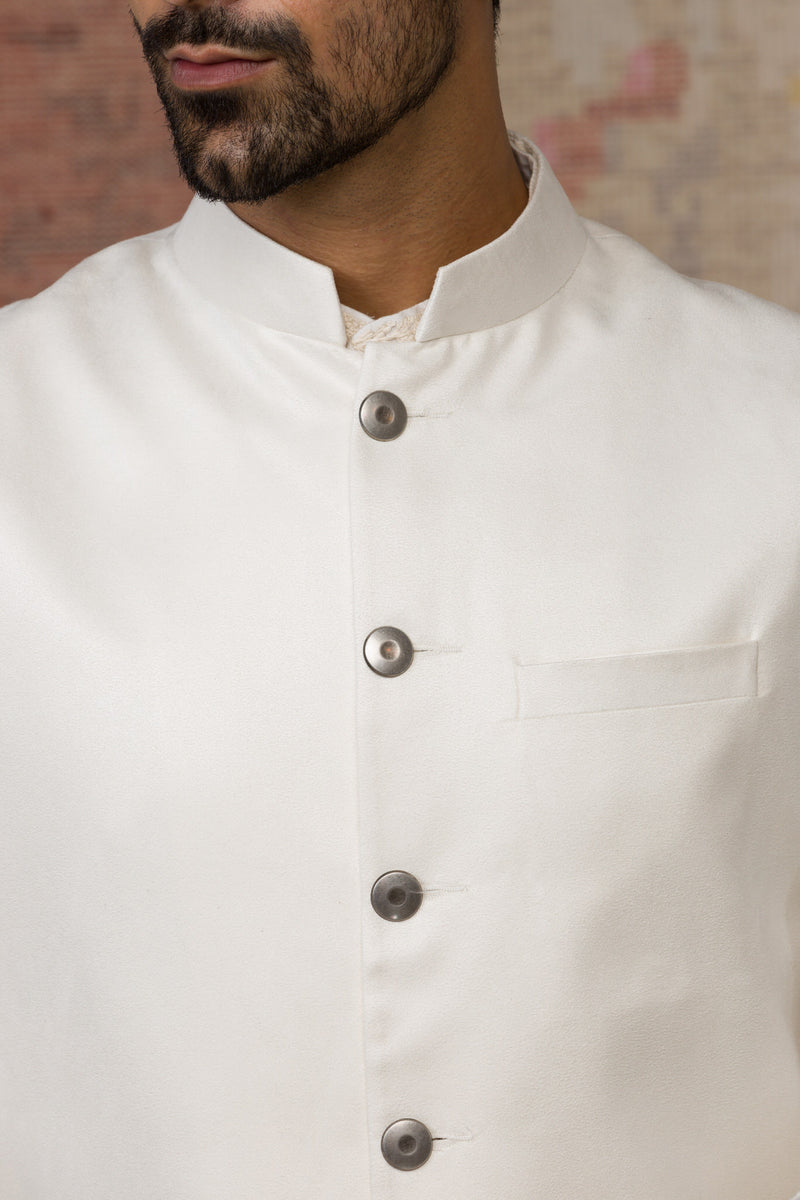 Ivory Block Printed Kurta With Bundi