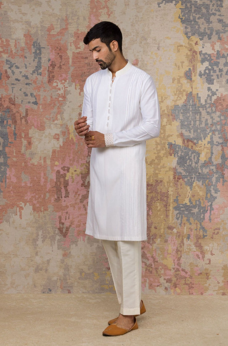 White Kurta In Cotton Silk Blend Set