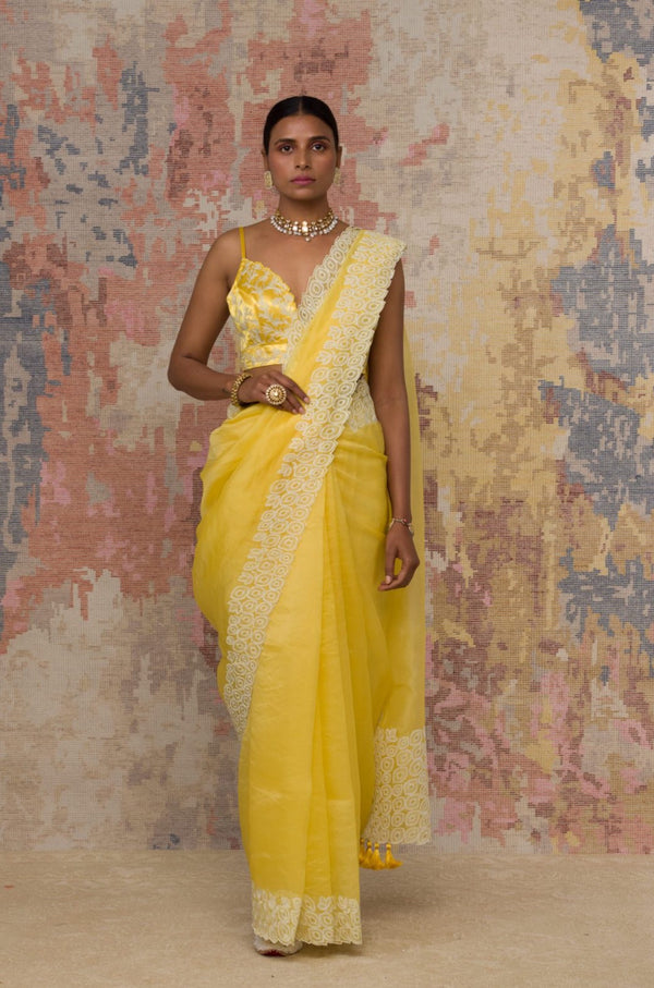 Yellow Silk Organza Saree