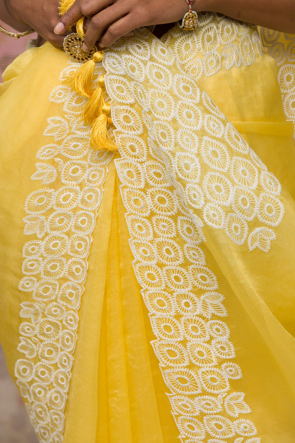 Yellow Silk Organza Saree