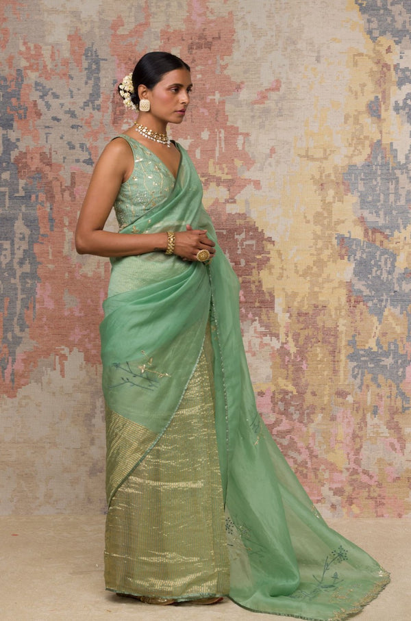 Green Silk Organza Woven Zari Saree