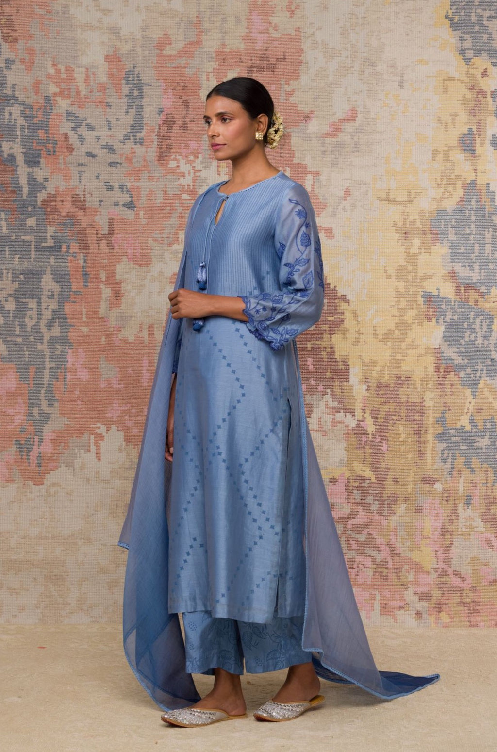 Blue Hand Block Printed Chanderi Kurta