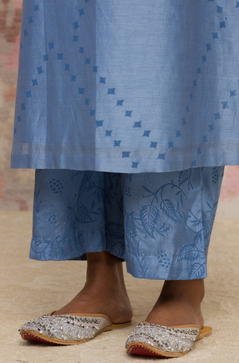 Blue Hand Block Printed Chanderi Kurta