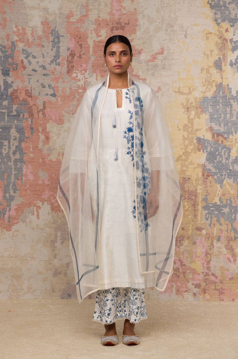 Ivory Blue Chanderi Kurta Set