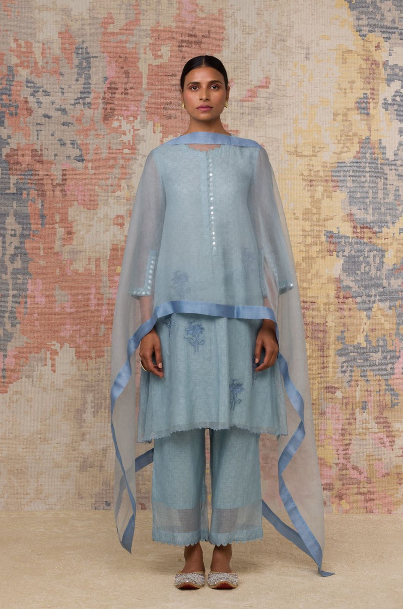 Ash Blue Chanderi Short Length Kurta