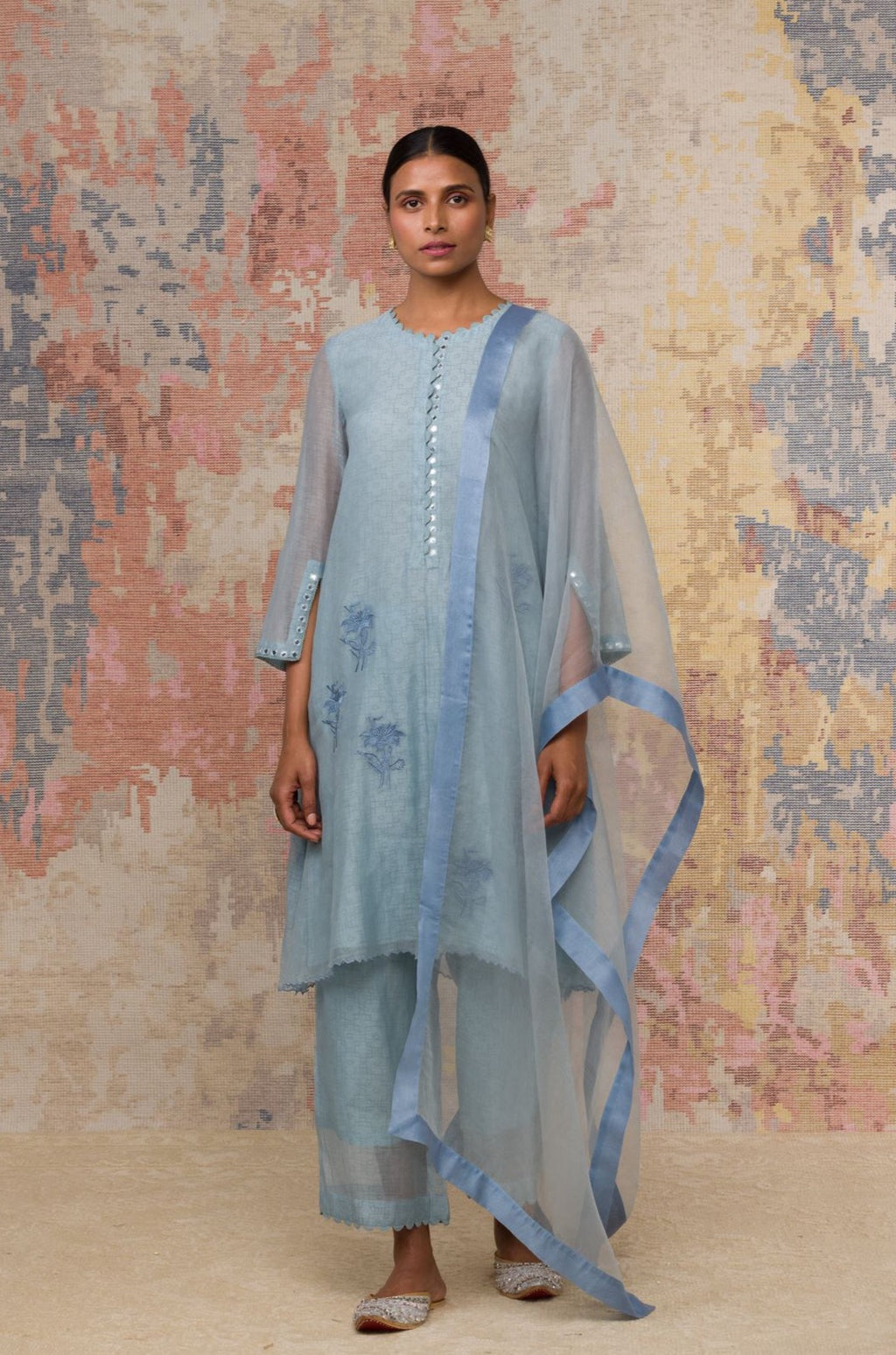 Ash Blue Chanderi Short Length Kurta