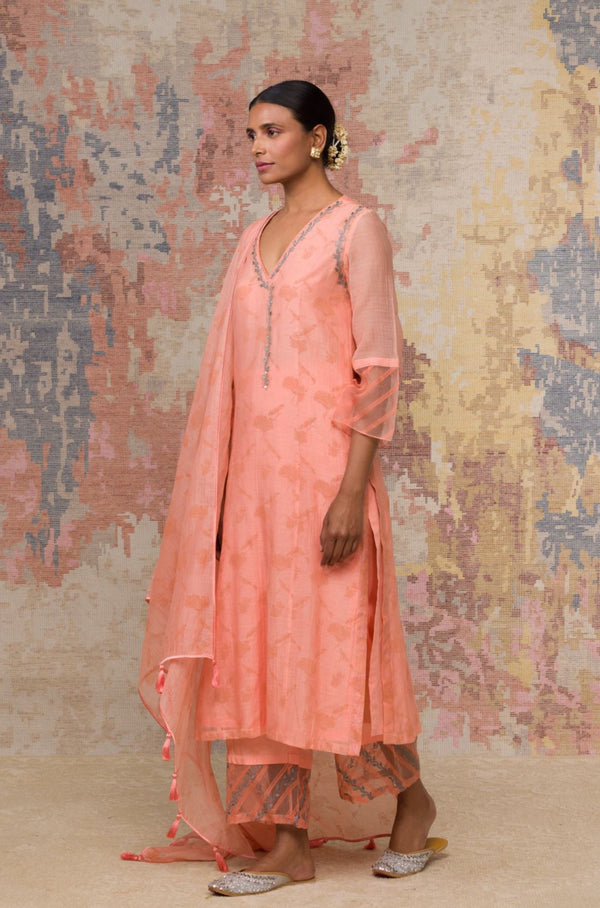 Peach Chanderi Hand Block Printed Kurta