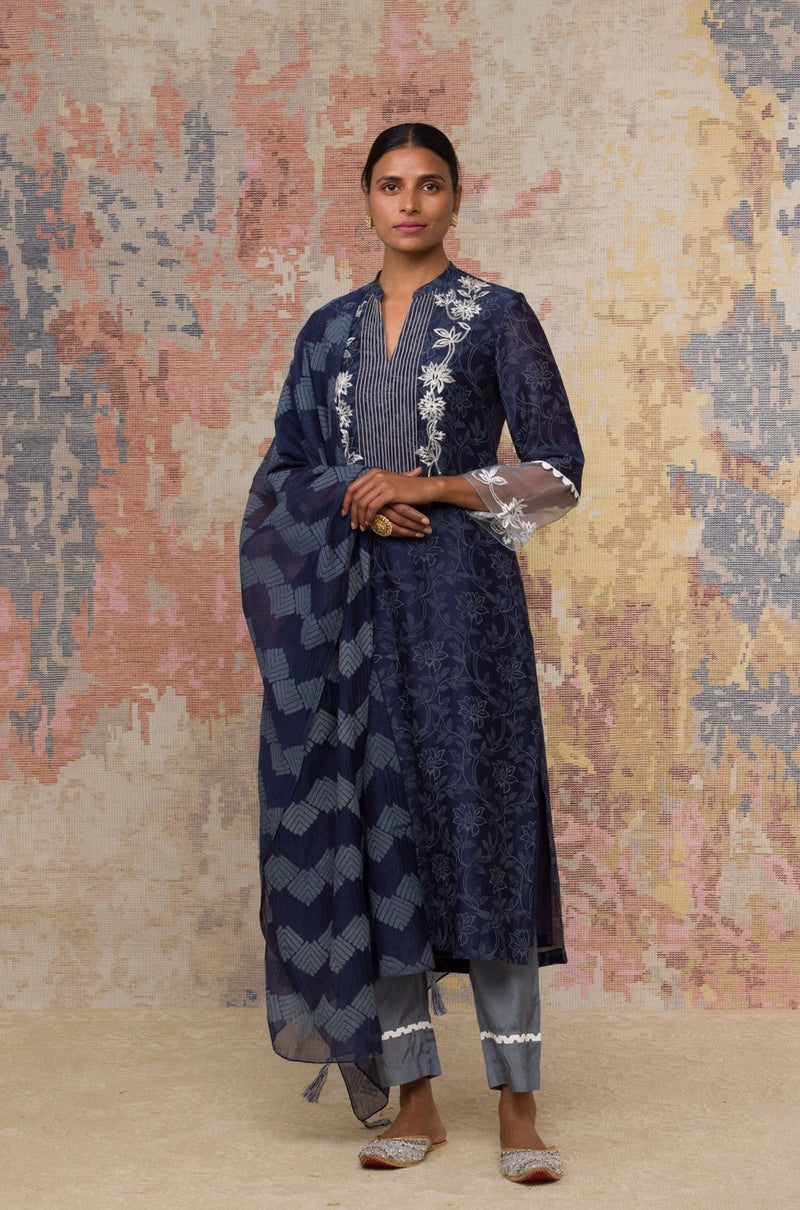 Navy Chanderi Hand Block Printed Kurta Set