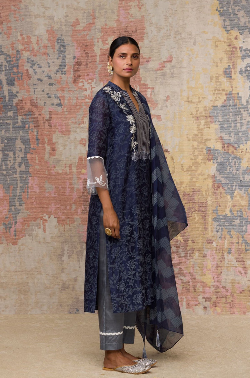 Navy Chanderi Hand Block Printed Kurta Set